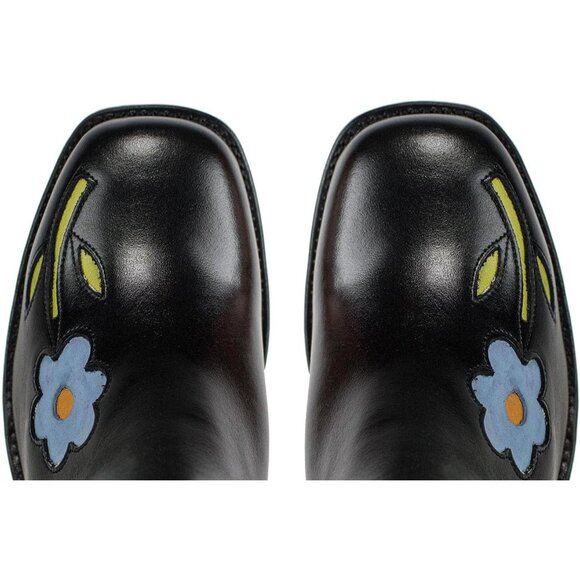 🆕Women Black Faux Leather Knee High with Flowers Square Toe Chunky Heel Boots - Picture 7 of 10